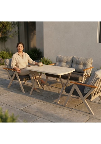 Venedik 2+1+1+ 70x120 Traverten Masa Metal Balkon Takımı Keten Dokulu Kumaş Cappuccino Metal - Bahçe Teras Oturma Grub Gri - Antrasit Venedik 2+1+1+ 70x120 Traverten Masa Metal Balkon Takımı Keten Dokulu Kumaş Cappuccino Metal - Bahçe Teras Oturma Grub Gri - Antrasit