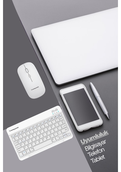 Tablet Ve Telefonlar İçin Bluetooth - Wireless Klavye Ve Mouse Set - Beyaz Diğer