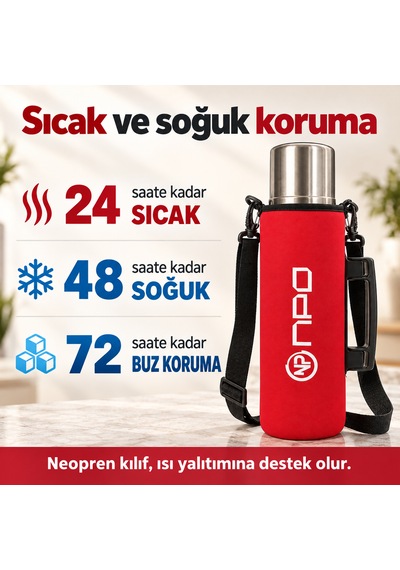 Npo Nt01 2 Katman Vakum Teknolojili 24h Sıcak 48hsoğuk 72hbuzlu Koruma Çelik Termos Kırmızı Kılıflı