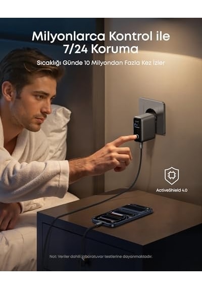 Şarj Cihazı, 100w Maksimum Güç, Kompakt, 3 Bağlantı Noktalı, Gan Usb-c Şarj Bloğu, Akıllı Ekran Ve Dokunmatik Kontrol, Siyah - B121b