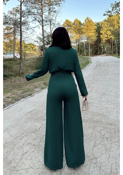Kadın Zümrüt Yeşili Uzun Kol, Yuvarlak Yaka, Beli Lastikli Ve Kemerli, Çift Cepli, Salaş Tulum Zümrüt