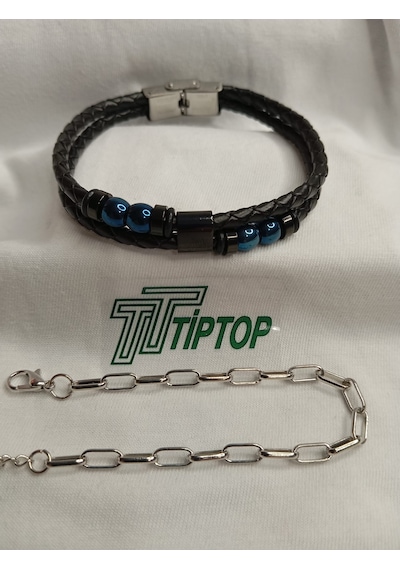 Tiptop/ Siyah Deri Taşlı Çelik Tokalı - Gümüş Renk Ataç Zincir Bileklik Set Gümüş