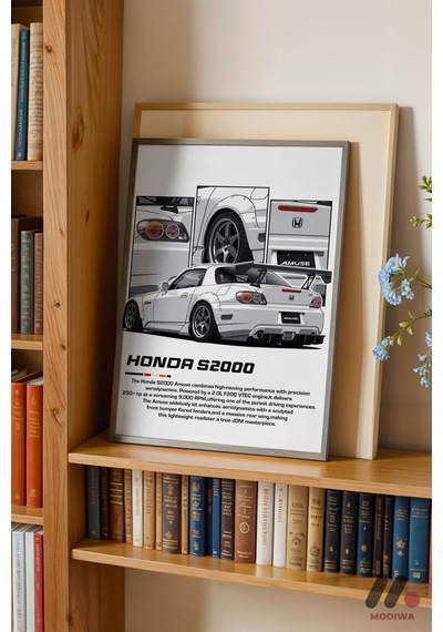Honda S2000 Beyaz Jdm Poster, Siyah Çerçeveli Duvar Tablosu - Oto Severlere Özel Hediye