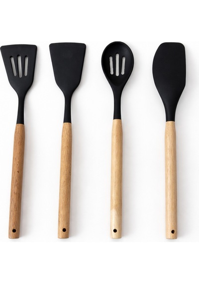 11 Parça Bambu Saplı Silikon Mutfak Seti Kaşıklıklı Isıya Dayanıklı Spatula Kepçe Çırpıcı Maşa Seti Siyah