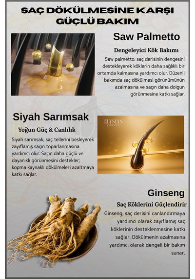 Elysian Essence Saw Palmetto & Siyah Sarımsak & Panax Ginseng Şampuanı 2 Adet Copper Peptidli Saç Dökülmesine Karşı Bakım 300 Ml Tüm Saç Tipleri