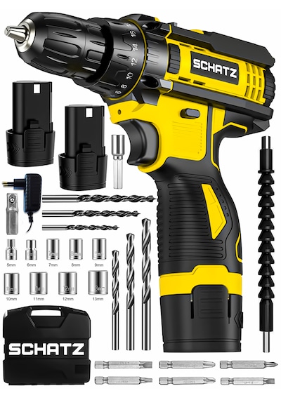 Schatz 12v Çift Akülü Çelik Şanzıman Bakır Sargılı Şarjlı Vidalama Matkap Sarı + 24 Parça Set