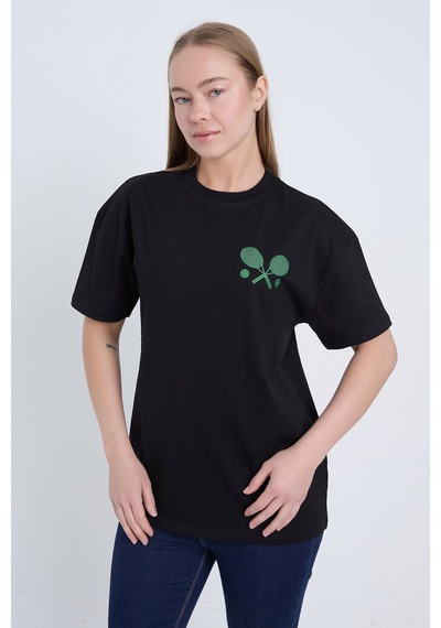Velvoria Unisex Oversize Relaxed Tennis Baskılı Siyah Renk T-shirt
