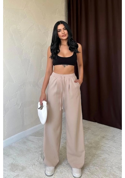 Defymoda Bej Yanları Şeritli Pantolon Bej