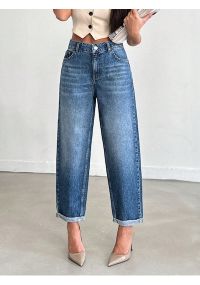Kadın Bilek Boy Mom Fit Kot Pantolon Mavi Mavi