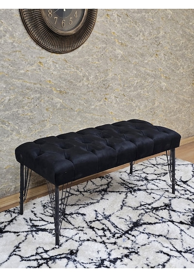 Zafir Siyah Boyalı Tel Ayaklı 90 Cm Puf Bench - Puf - Bench - Kasalı Oturak - Oturak - Yatak Ucu Puf Siyah