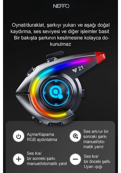 Y21 Bluetooth Motosiklet Kask Kulaklığı Renkli Led Işıklı, İnterkom Destekli, Yüksek Ses Kalites