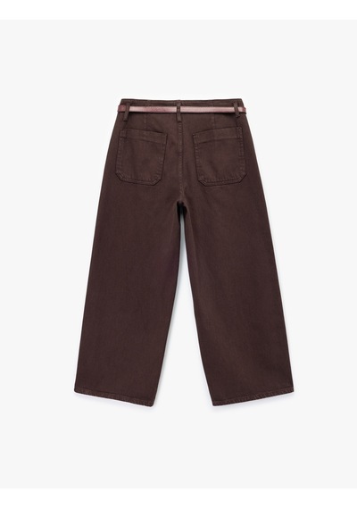 Koton Pamuklu Geniş Paça Kemerli Crop Pantolon - Wide Leg Jeans Kahverengi 7wal40008mw Kahve