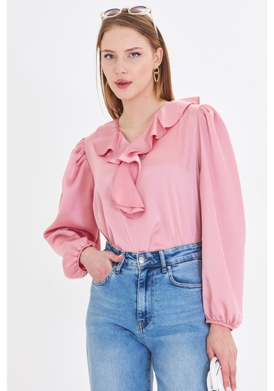 Armonika Kadın Açık Pembe Yakası Fırfırlı Omuzu Büzgülü Kolu Lastikli Pamuk Saten Bluz Arm-22k001059
