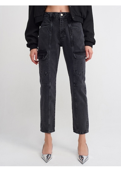 Dilvin Önü Parçalı Kargo Denim Pantolon  Siyah