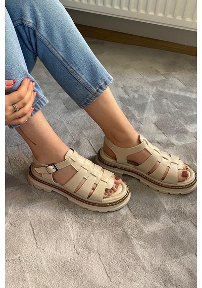 Preshley Kadın Desma Bej Kafes Model Vardola Deyatlı Kalın Taban Ortopedik Sandalet K-140