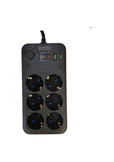 Showmax Serisi Sh-3046 Termal Akım Korumalı Priz 2 Mt 6 Priz + 2 Usb + 2 Type-c 6 Lı 2xusb 2xtype C Çıkışlı Siyah