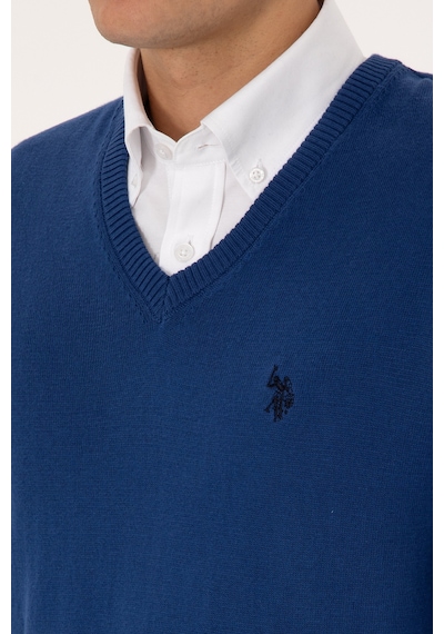 U.S. Polo Assn. Erkek Slim Fit V Yaka İndigo Basic Triko Kazak 50313662-VR028