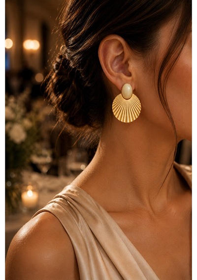 Gold Vintage Yelpaze Formlu Krem Taş Detaylı Kadın Küpe 4 Cm Şık Çok Renkli