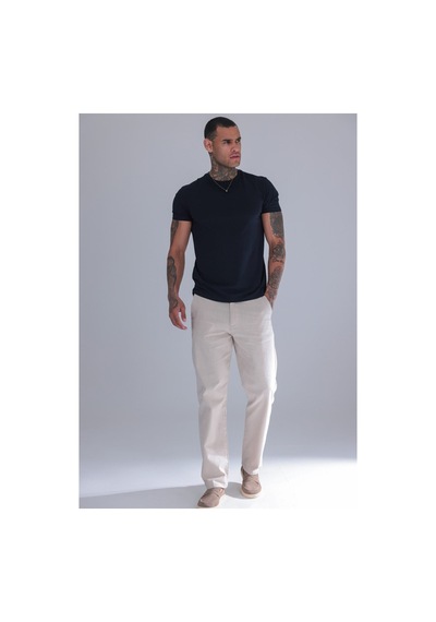 Blayn Jeans Erkek Siyah Keten Pantolon Beli Lastikli Rahat Kalıp Yazlık Boru Paça Günlük Pantolon Krem