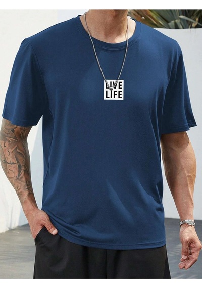 Flood Of Style Unisex Siyah Oversize Bisiklet Yaka %100 Pamuk Live Life Baskılı Lacivert