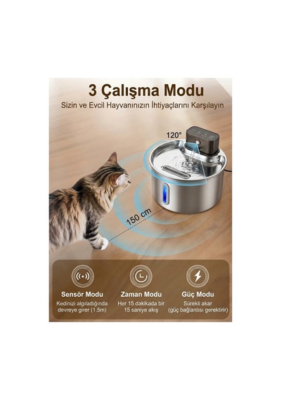 2.2 L Şarjlı Kablosuz Sensörlü Paslanmaz Çelik Kedi Köpek Için Su Pınarı Su Çeşmesi Su Sebili 2000 Mah Pwl-207