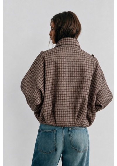 Madmext Vizon Ekose Desenli Oversize Kadın Bomber Ceket Mg2920 VİZON