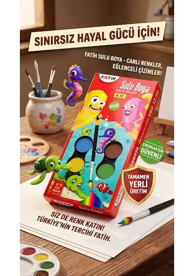 Fatih Sulu Boya S-12 12 Renk Tablet 2'li Avantaj Paket Yıkanabilir Okul Boyası Seti Çok Renkli