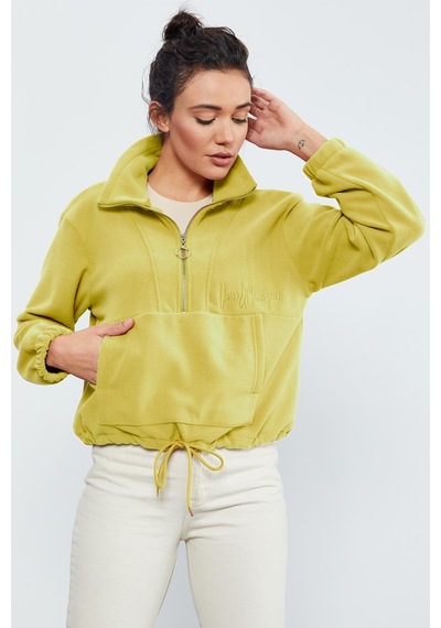Tommy Life Limon Yarım Fermuar Etek Ucu Büzgülü Kadın Polar Oversize Sweatshirt - 97171 Limon Sarısı