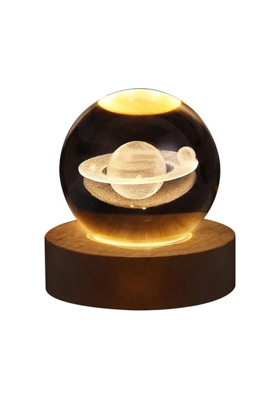 Ledli Usb'li Ahşap Standlı Satürn Küre Temalı Kristal Küre Gün Işığı 3d Oda Masa Ve Gece Lambası Dekoratif Obje