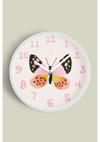 Sevimli Renkli Kelebek Çocuk Odası Modern Duvar Saati - 30cm - Önü Camlı Beyaz Kasa Beyaz