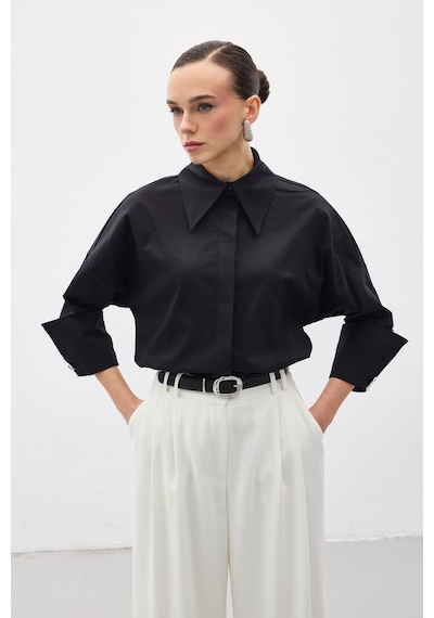 Sateen Düğme Detaylı Gömlek - Siyah-137149 Siyah