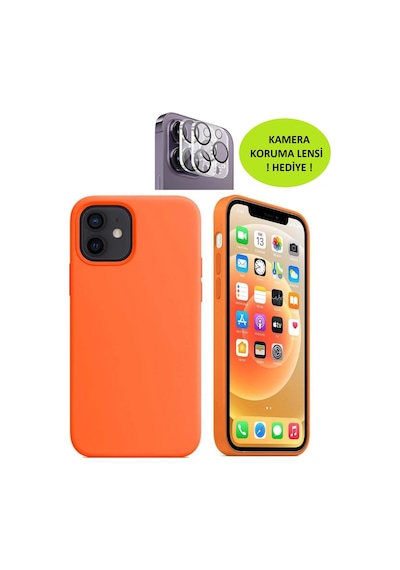 Apple Uyumlu iPhone 12 Ve 12 Pro Model Lansman Kılıf, İçi Kadife - Kamera Koruma Lensi Turuncu