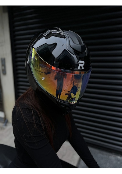 R1 Parlak Siyah Revo Gold Vizörlü Kapalı Kask Güneş Vizörlü