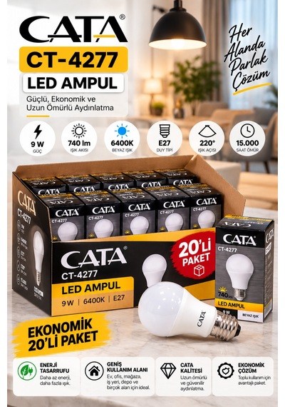Ct-4277 9w E27 Led Ampul 6400k Beyaz Işık 740 Lümen 20 Li Ekonomik Paket