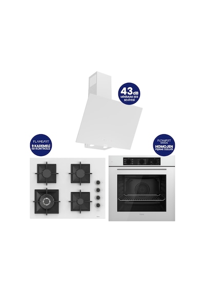 Flowart Turbolu Silenart QBL62CB - SC406 - D078SA Beyaz 65 Cm Woklu Ocak Cam Ankastre Set