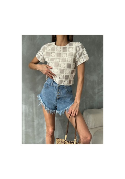 Verymoda Kısa Kollu Dama Desen Tiğişi Bluz D2619 Ham Taş