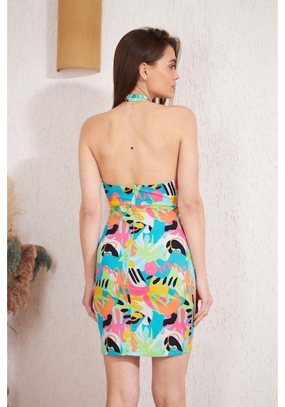 Darlin Moda Mavi Renkli Baskılı Mini Elbise DM1012 Çok Renkli
