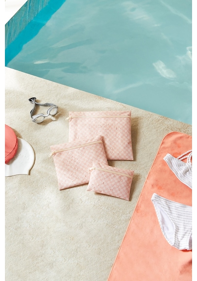 Ocean Home Textile 3'lü Su Geçirmez Pvc Astarlı Pembe Dama Desen Islak Kuru Çantası 20 X 13 / 24 X 20 / 30 X 24 Cm