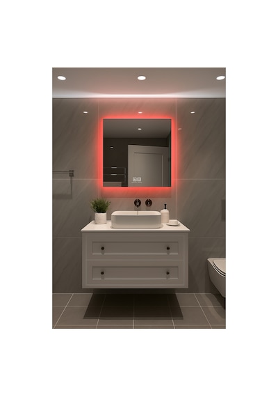 Digital Hayat Buğu Çözücü Dokunmatik Dimlenebilir Kare Ayna Kırmızı Işıklı Led Dekoratif Banyo Makyaj Aynası Kırmızı