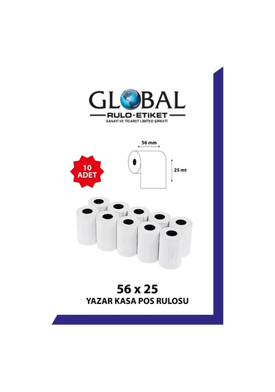 Globalrulo 56x25 Termal Rulo Yazarkasa Pos Rulosu Pos Kağıdı 1 Paket 10 Adet Tam Meraj Garantili