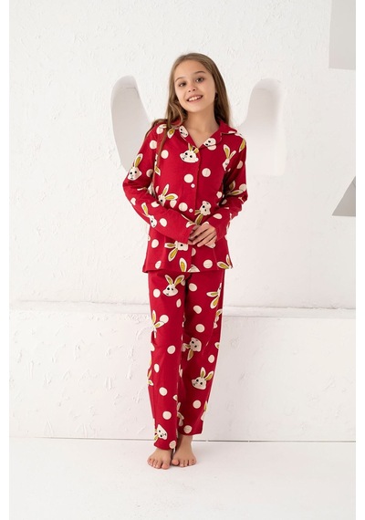 Siyah İnci Bordo Pamuklu Düğmeli Pijama Takım