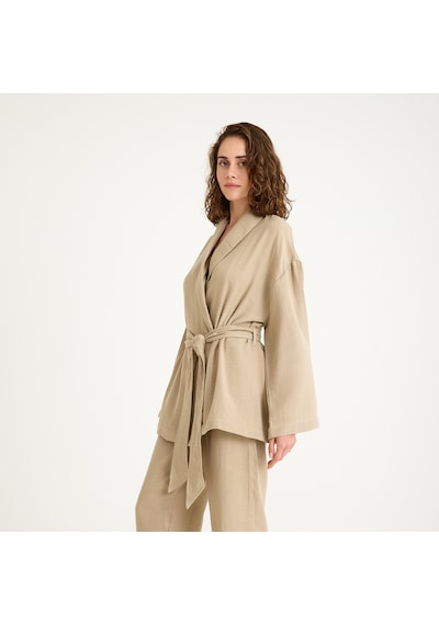 Miespiga %100 Pamuklu Dokuma Şal Yaka Müslin Kimono-pantolon Alt Üst Takım Bej
