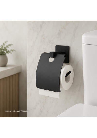 Kare Kapaklı Tuvalet Kağıtlığı Siyah, Yapışkanlı Ve Vidalı Montajlı Metal Wc Kağıtlık, Modern B