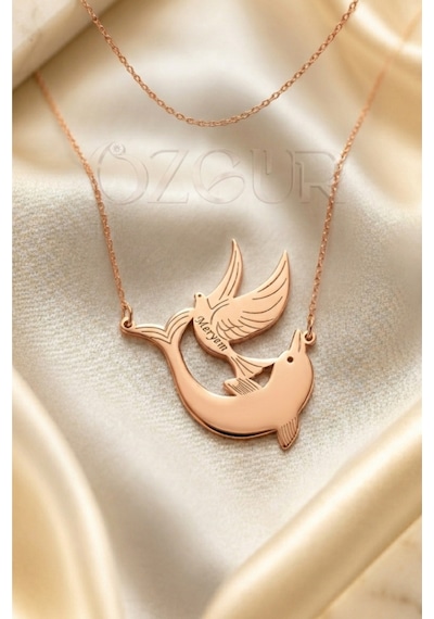 925 Ayar Gümüş Yunus Balığı Ve Güvercin Figürlü İsimli Kolye Rose Gold