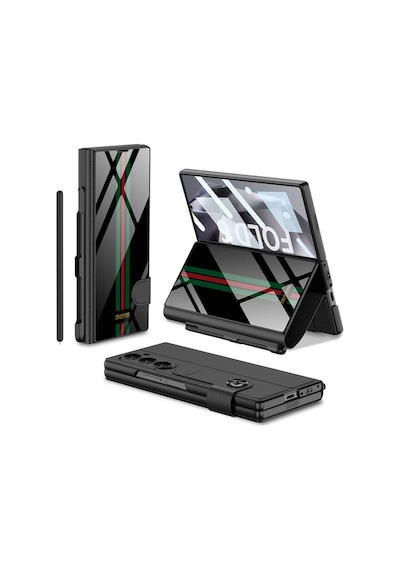 Ardemix Galaxy Uyumlu Z Fold 6 Kılıf Kamera Korumalı Kartlıklı Kalem Bölmeli Kıpta Çizgili Yeşil Kırmızı
