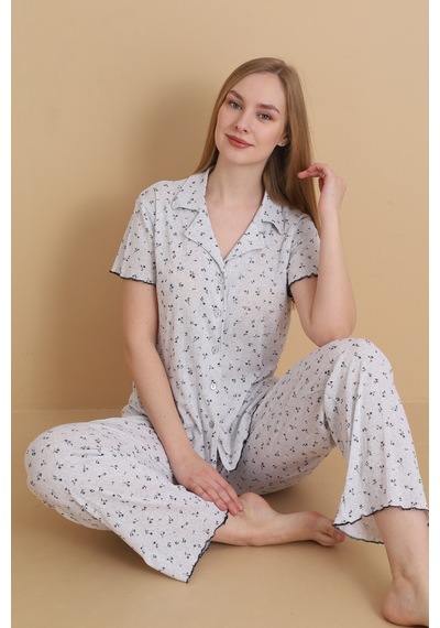 Wordex Mirano 1714 Çiçekli Pointel İnce Kumaş Düğmeli Kısa Kollu Kadın Pijama Takımı Gri