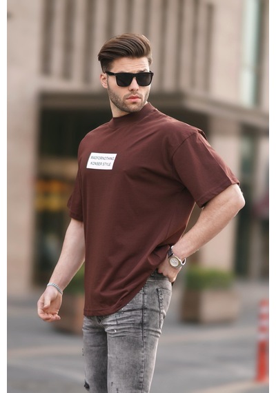 Madmext Kahverengi Yalancı Dik Yaka Oversize Erkek Tişört 7005-kahverengi Kahverengi