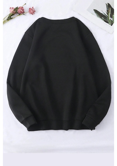 Uyguntarz Unisex Sevimli Kedi Baskılı Bisiklet Yaka Sweatshirt Siyah-1