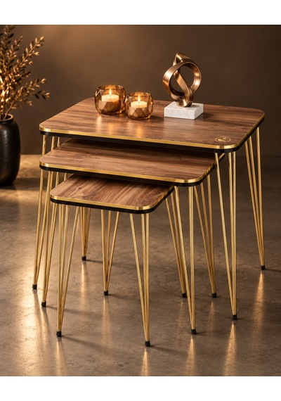 Odera Ceviz Detaylı Zigon Sehpa 3'lü Set Metal Ayaklı Modern Retro Salon Sehpası Diğer