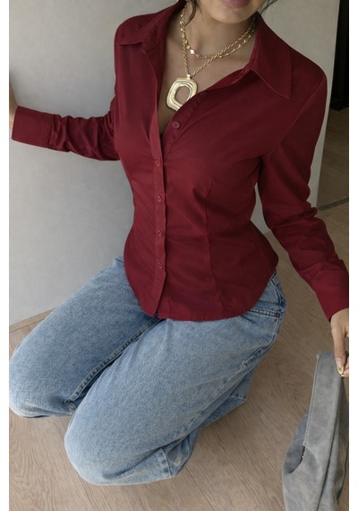 Kadın Premium Gömlek Slim Fit Uzun Kollu Şık Ofis Günlük Kombin Basic Klasik Gömlek Bordo